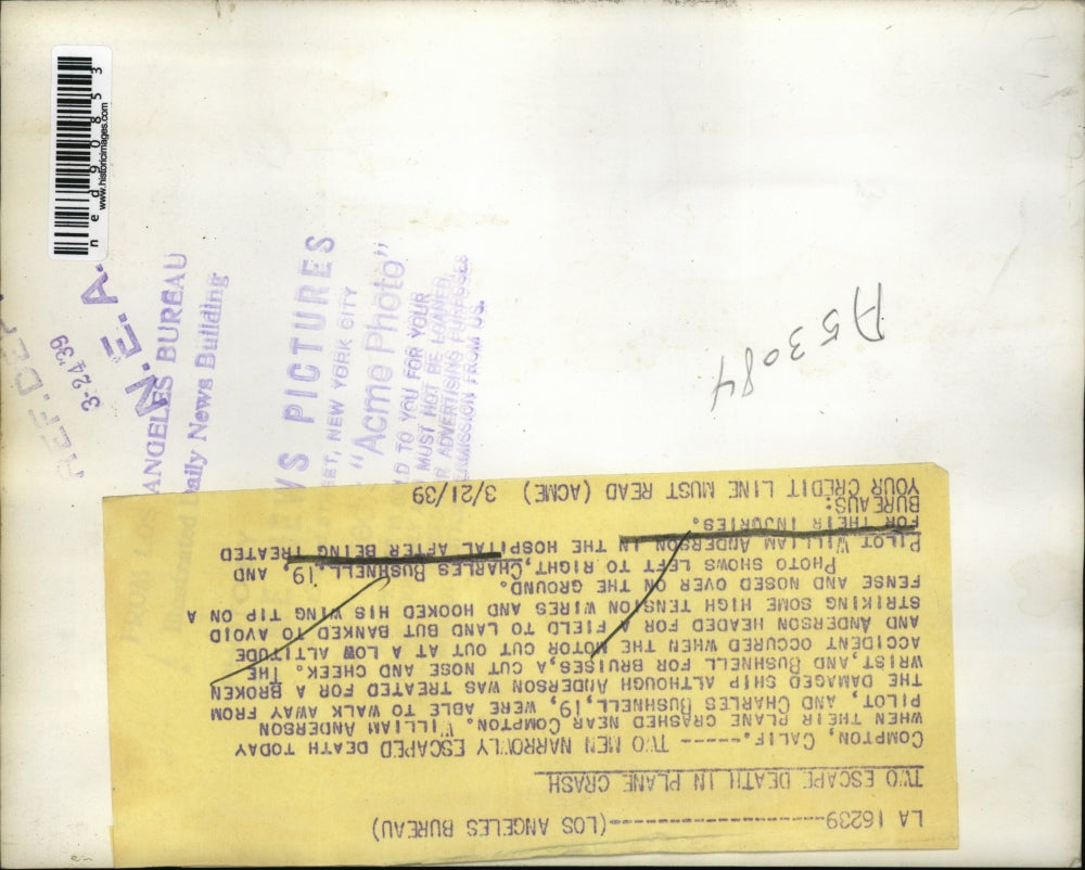 1939 Press Photo Charles Bushnell and Pilot William Anderson in the hospital