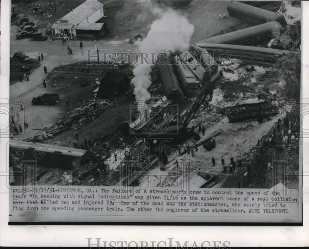 1951 Press Photo of a rail collision between two trains.