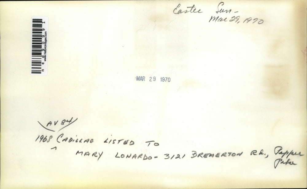 1970 Press Photo of a 1968 Cadillac listed to Mary Lonardo.