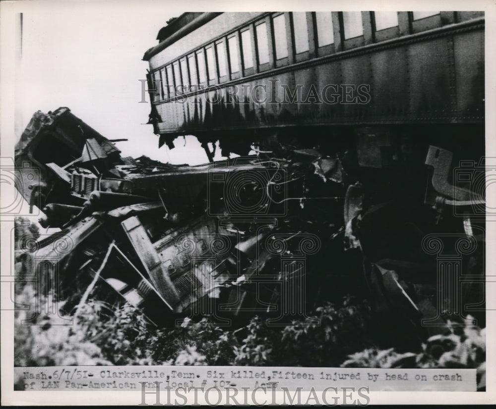 1951 Press Photo of a train on train head on collision near Clarksville,