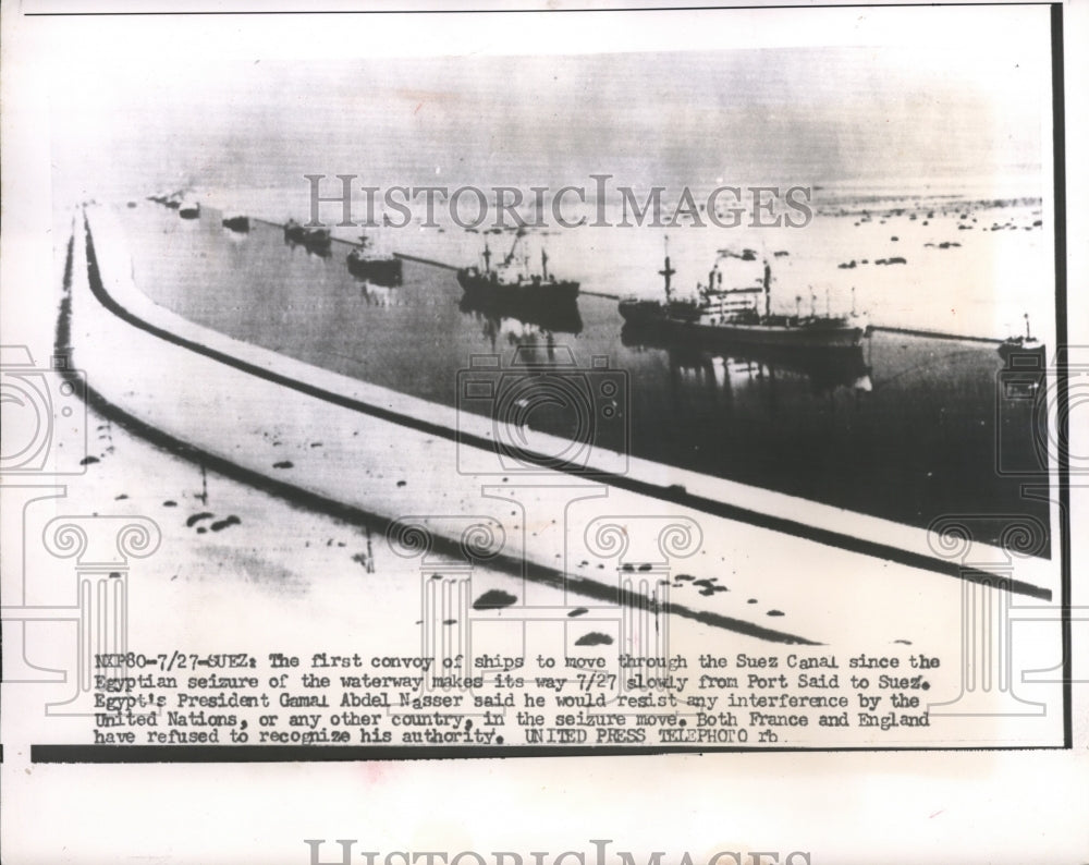 1956 Press Photo of the first ships to move through the Suez canal during the