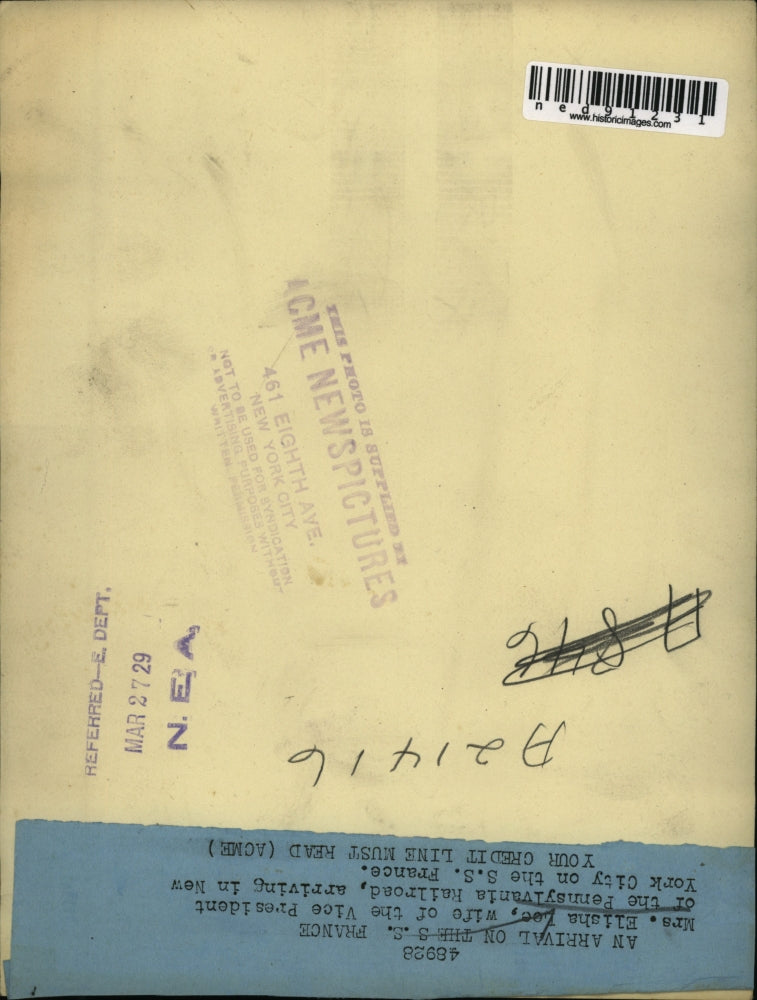 1929 Press Photo Mrs. Elisha Lee, arrived in New York on the S.S. France