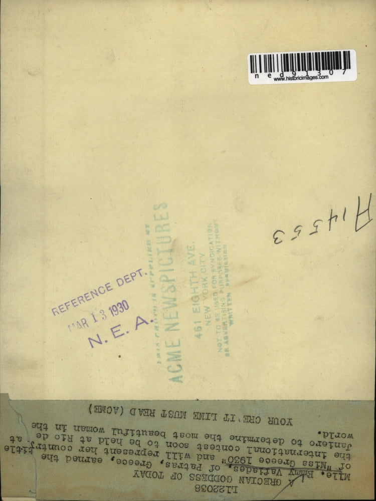 1930 Press Photo of Mademoiselle Emmy Vafiades who was titled Miss Greece.