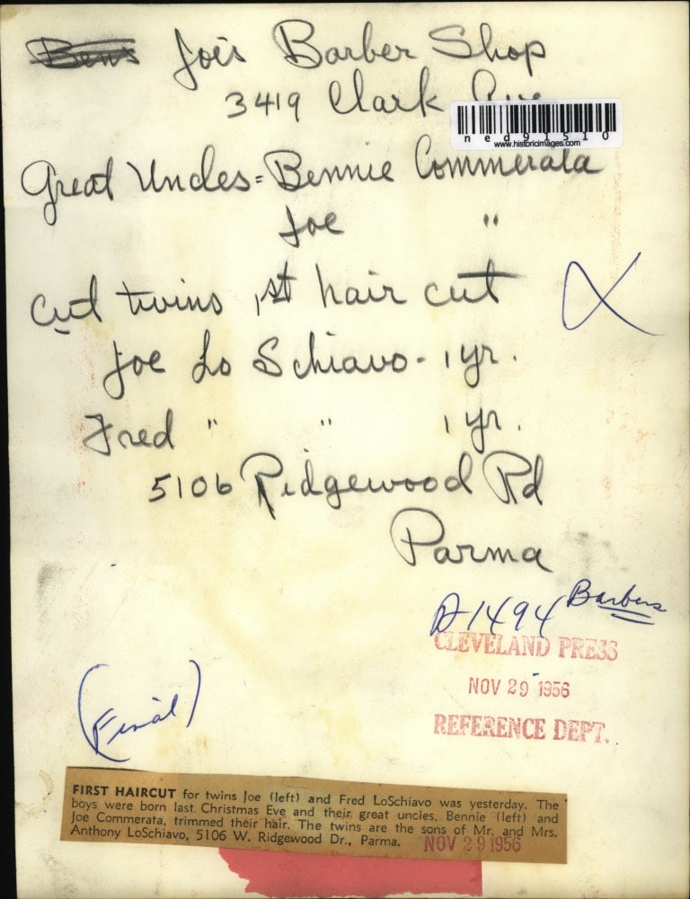 1956 Press Photo of Joe LoSchiavo (L) and Fred getting their haircut their great