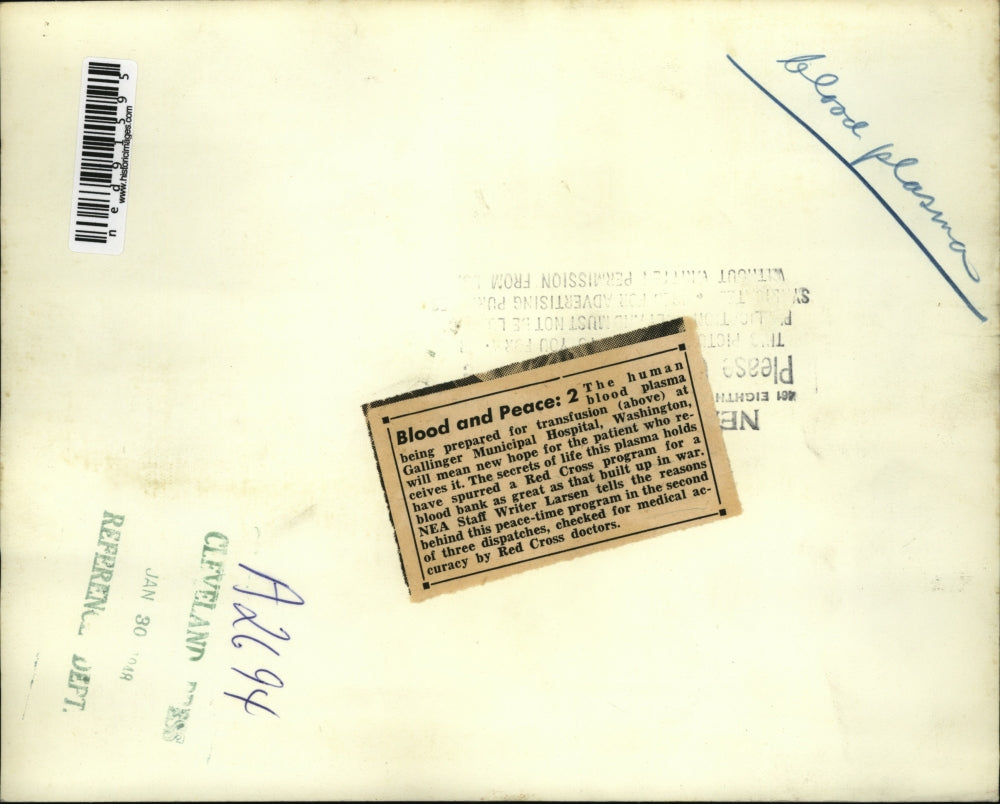 1948 Press Photo Blood transfusion preparation in Gallinger Municipal Hospital