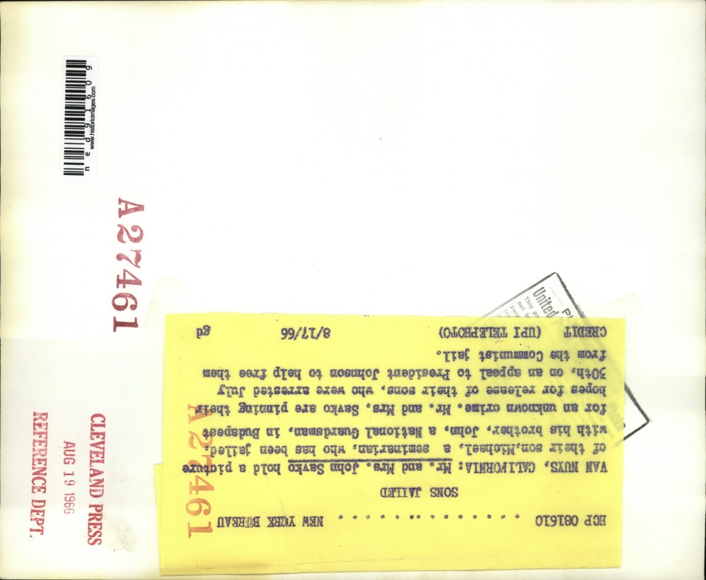 1966 Press Photo of Mr. John Savko and Mrs. Savko parents of two men who were