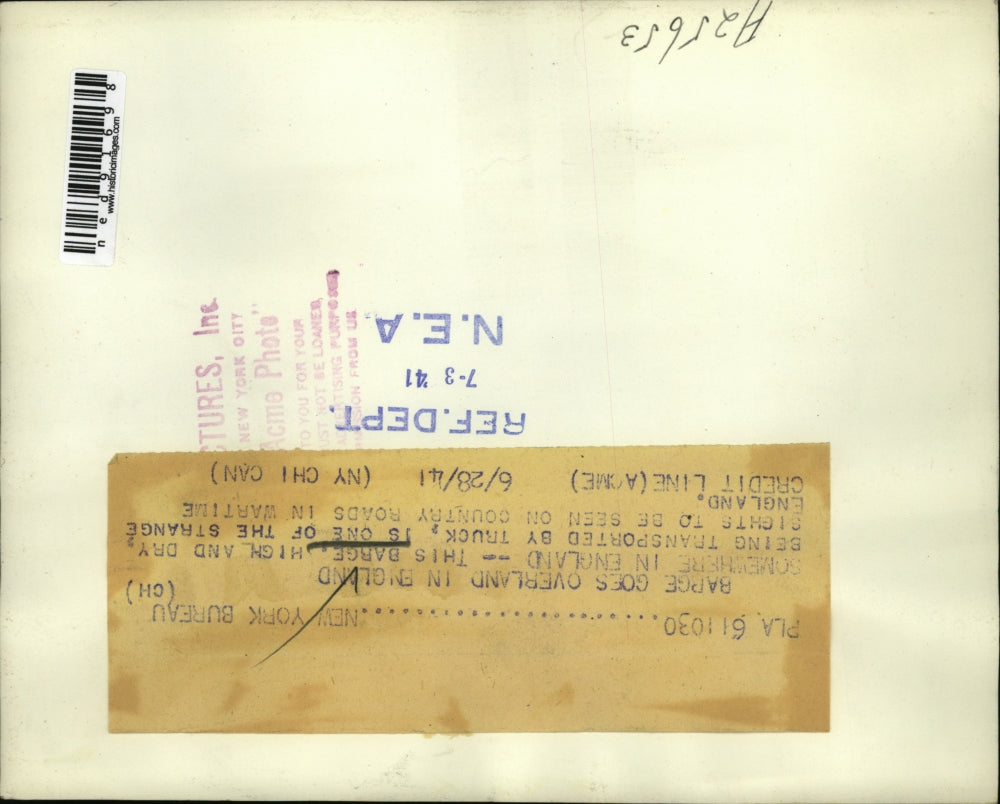 1941 Press Photo of barge being hauled overland in the United KIngdom.