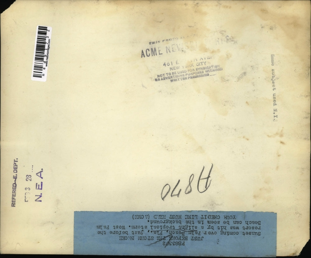 1928 Press Photo Sunset coming over Palm Beach,Florida,before being hit by storm