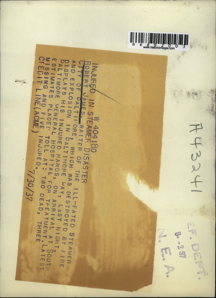 1937 Press Photo of Robert James injured in Baltimore Steamer.