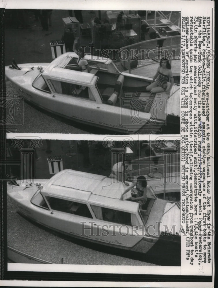 Load image into Gallery viewer, 1958 Press Photo Evinrude Starflite Boat at 48th National Boat Show
