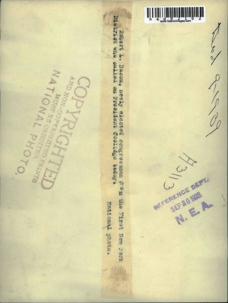 1923 Press Photo of Congressman Robert L. Bacon.