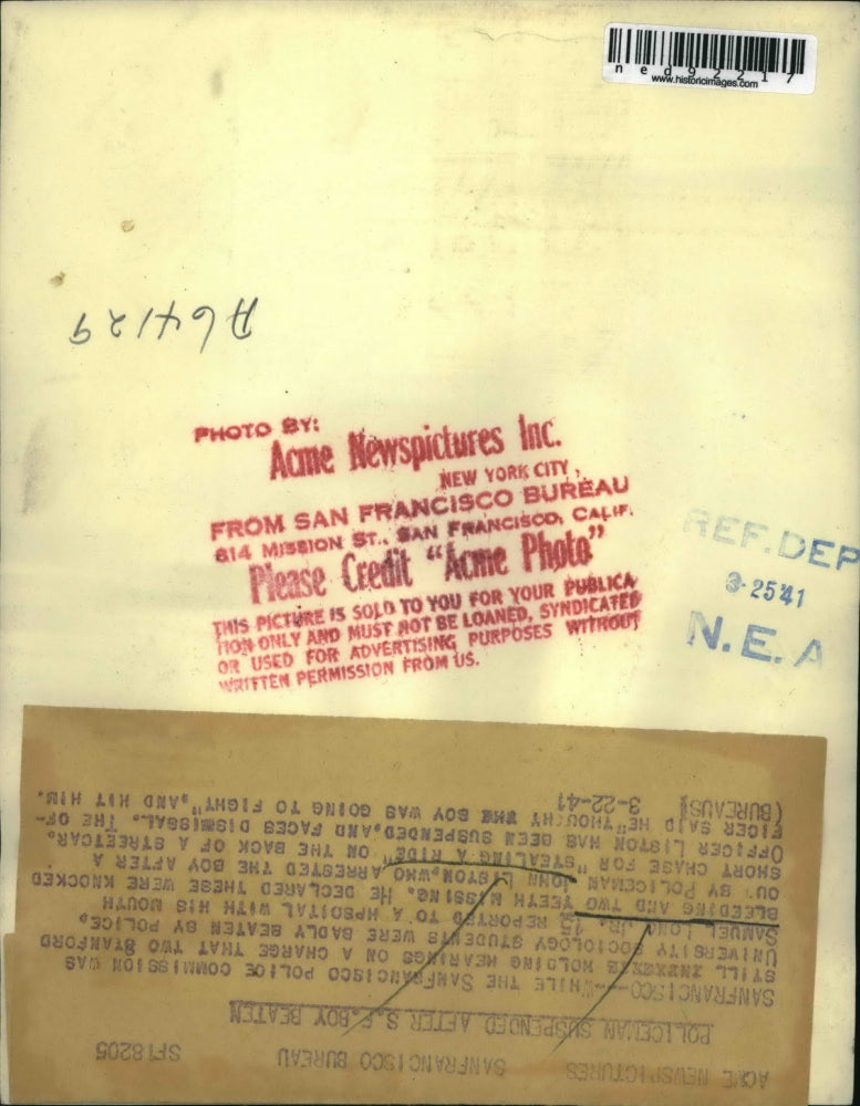 1941 Press Photo of Samuel Long Jr. 15, after being beaten by policeman John