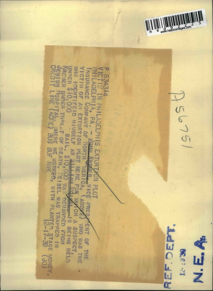 1939 Press Photo John Kremer, vice-president, was a victim of extortion plot