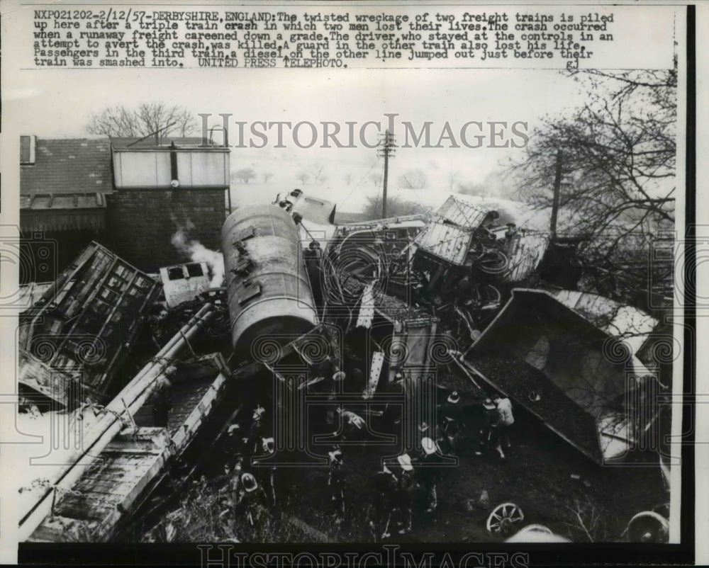 1957 Press Photo of the wreckage of two freight trains in Derbyshire, England.