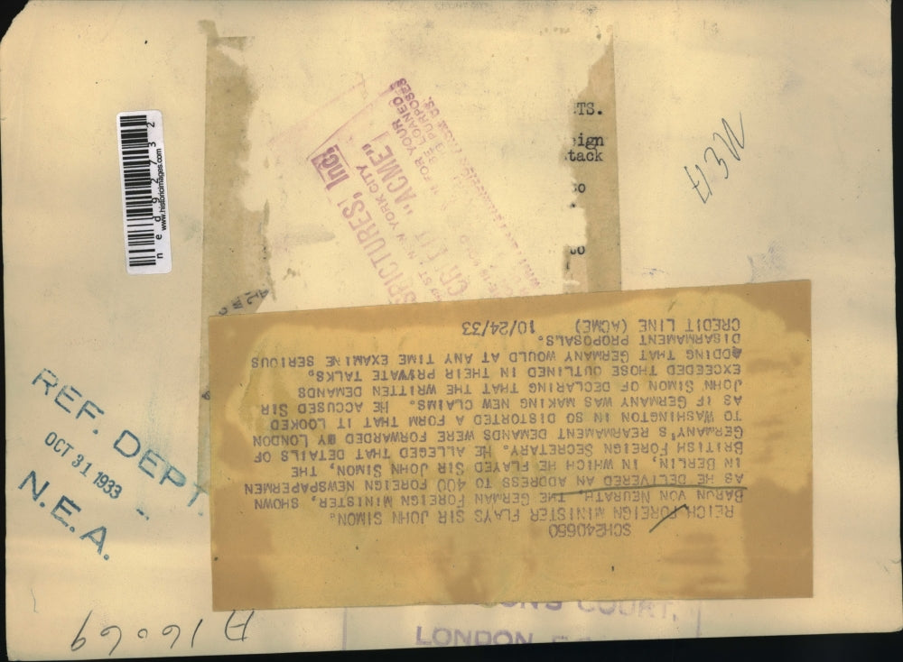 1933 Press Photo Baron Von Neurath delivering a speech to 400 foreign press