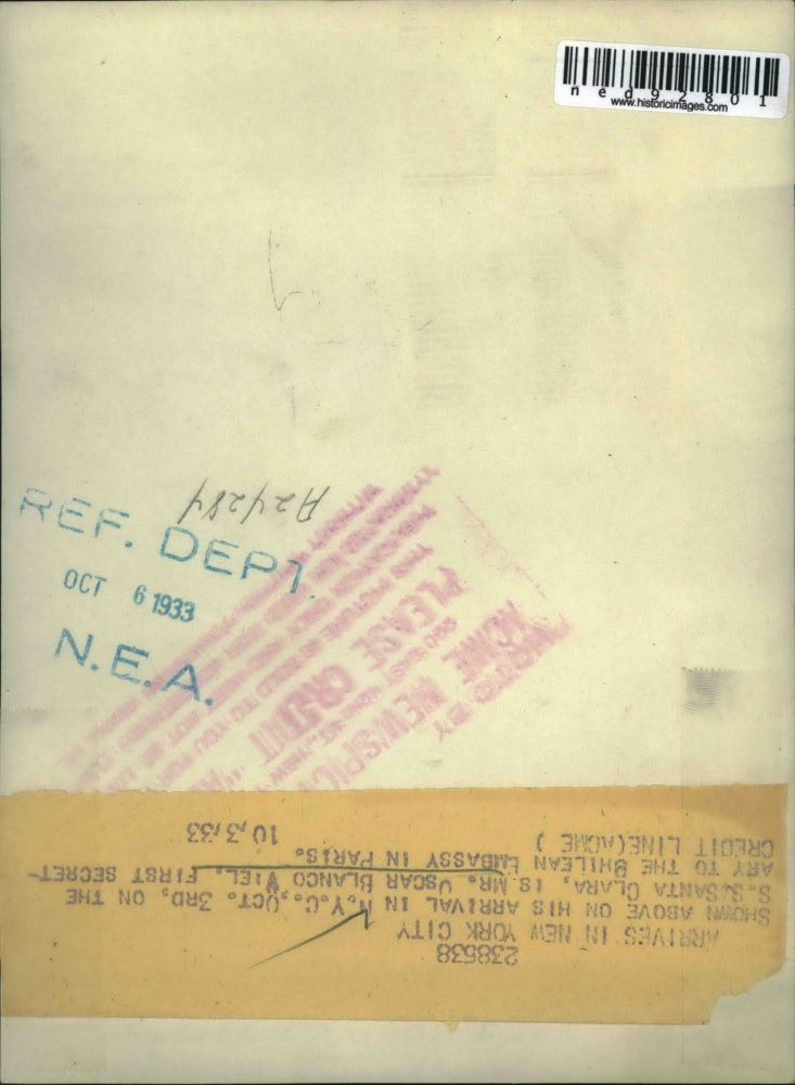 1933 Press Photo 1st Secretary Oscar Blanco Viel arrived in New York City