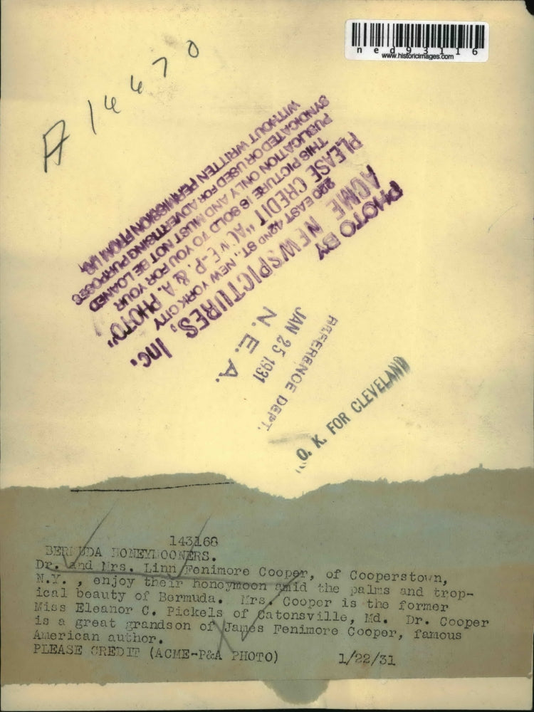 1931 Press Photo Dr And Mrs Linn Fenimore Cooper Enjoy Honeymoon