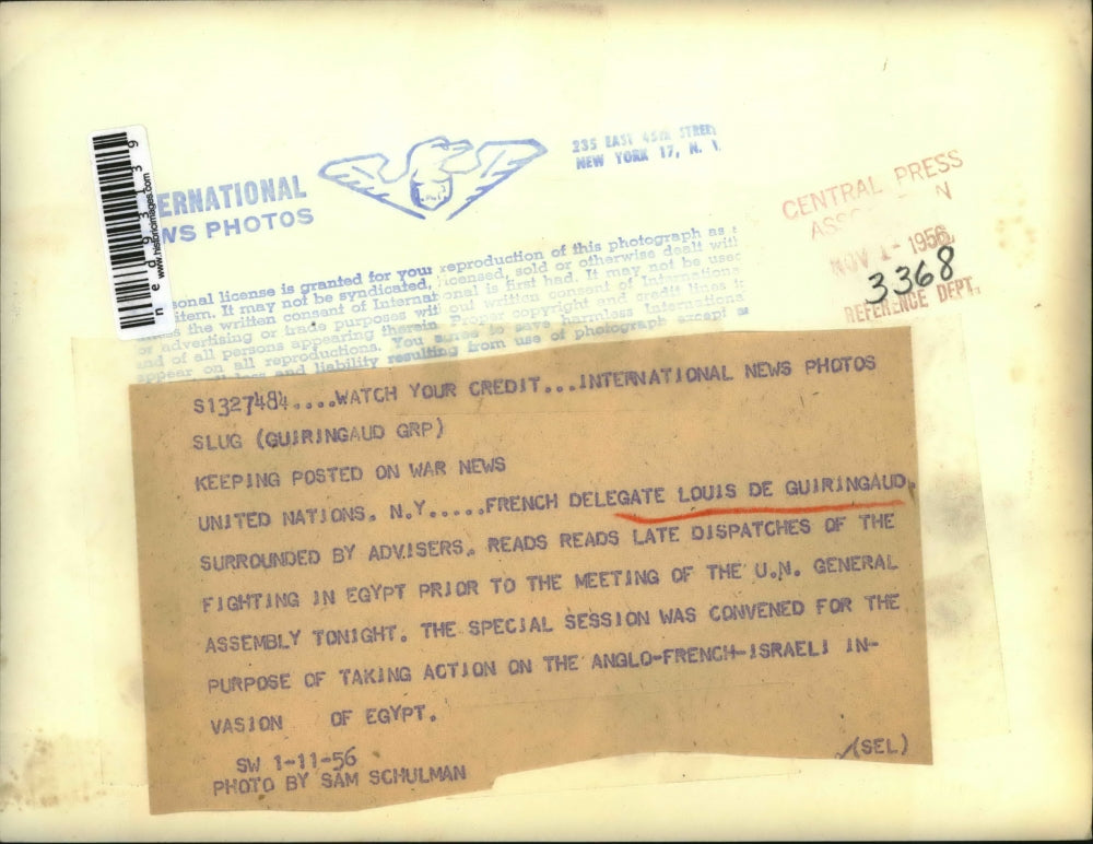 1956 Press Photo United Nations NY Frances Louis De Guiringaud & adcisors