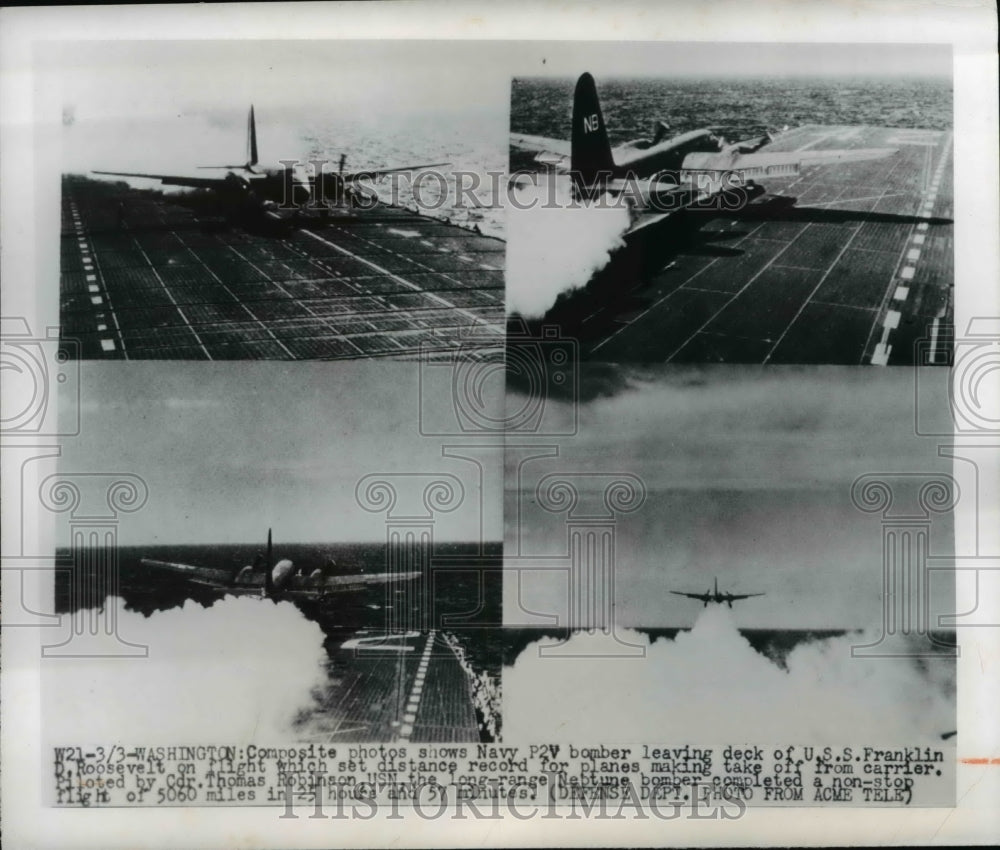 1950 Press Photo Composite Photo of Navy P2V Bomber Leaving Deck of USS FDR- Historic Images