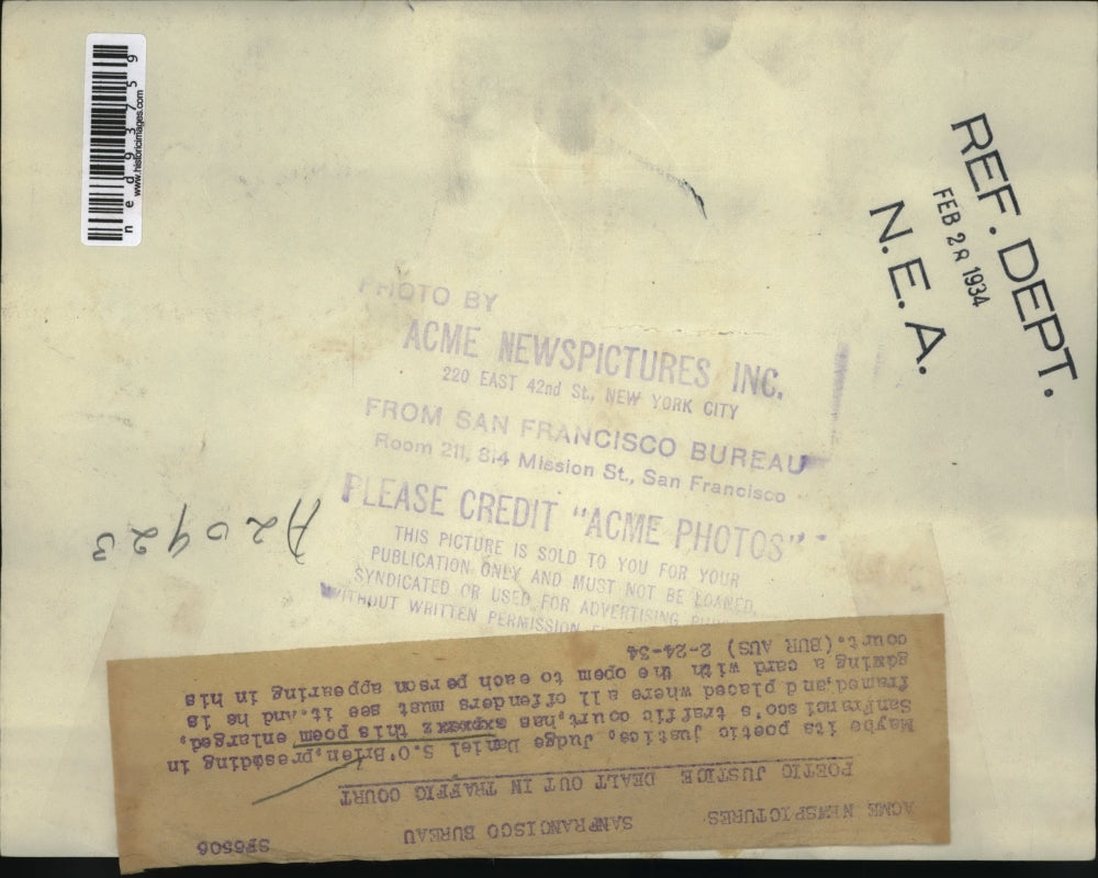 1934 Press Photo Judge Daniel O Brien Displays You Bet Your Life Poem California