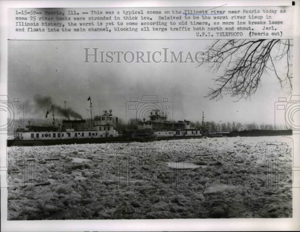 1959 Press Photo Peoria Ill typical scene on Ill River & boats stuck in ice