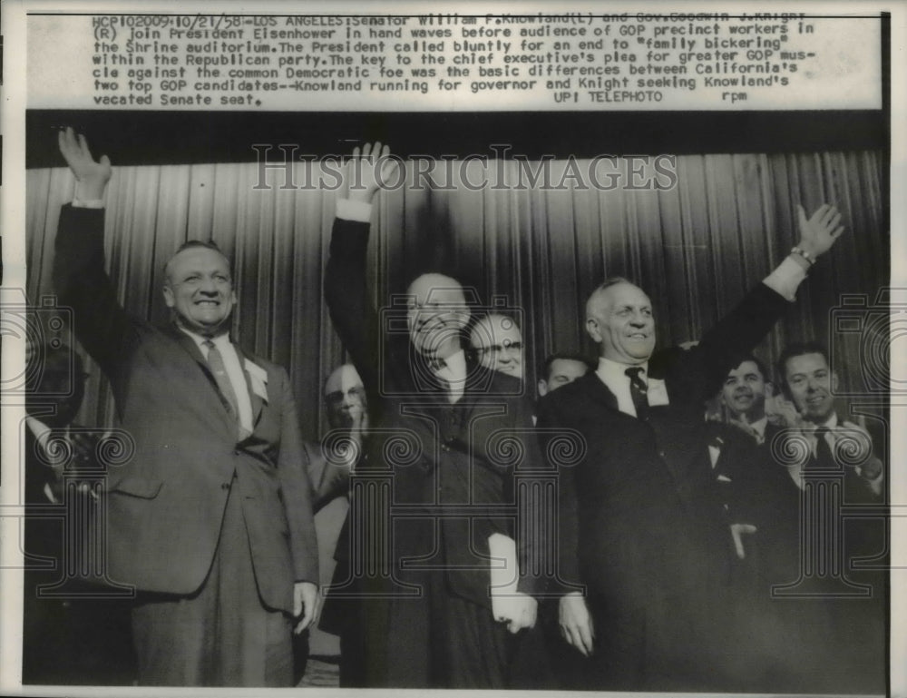 1958 Press Photo William F. Knowland, Goodwin J. Knight, President Eisenhower