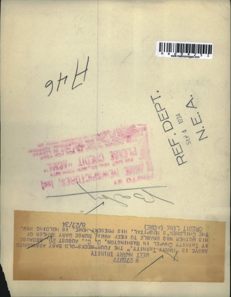 1934 Press Photo Harry Trinity 4 Week Old Abandoned Baby Trinity Chapel