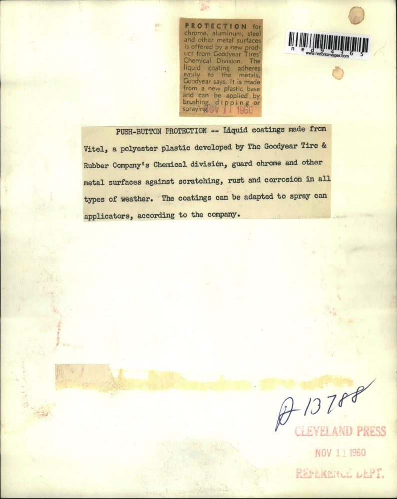 1960 Press Photo Vitel,a polyester plastic developed by Goodyear Tire & Rubber