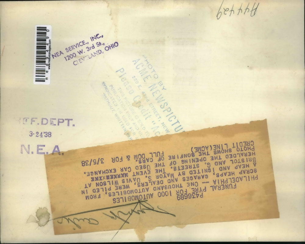 1938 Press Photo 1000 Automobiles Burned in Philadelphia