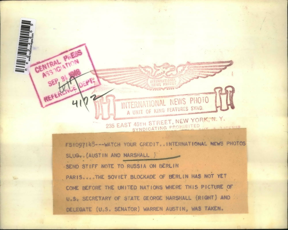 1948 Press Photo US Secretary of State George Marshall & US Senator Warren Austi