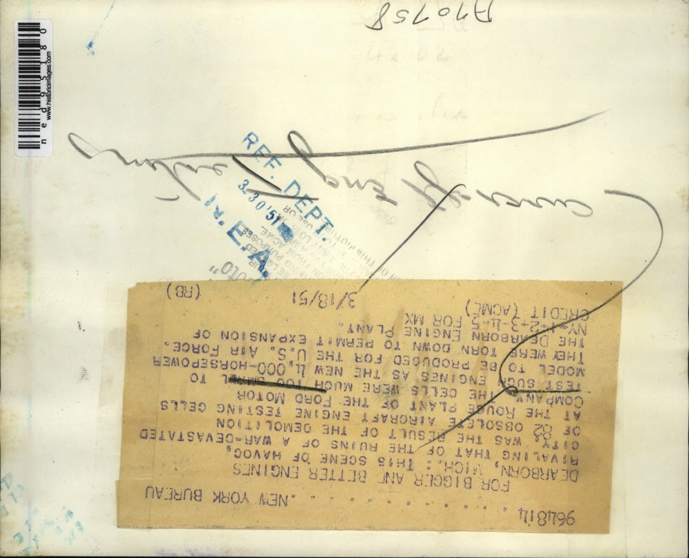 1951 Press Photo Dearborn Mich Demo of 82 obsolete plane testing cells Ford Co