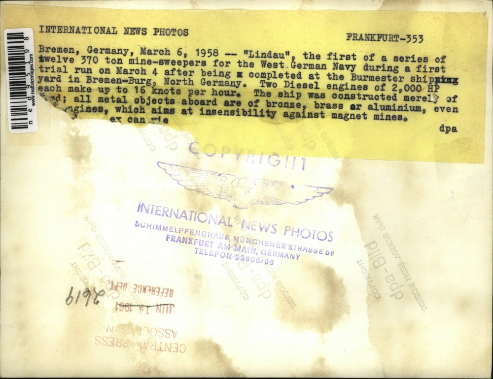 1958 Press Photo Lindau MineSweeper Ship in Germany