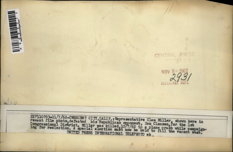 Load image into Gallery viewer, 1962 Press Photo Clem Miller killed in plane crash campaigning for reelection
