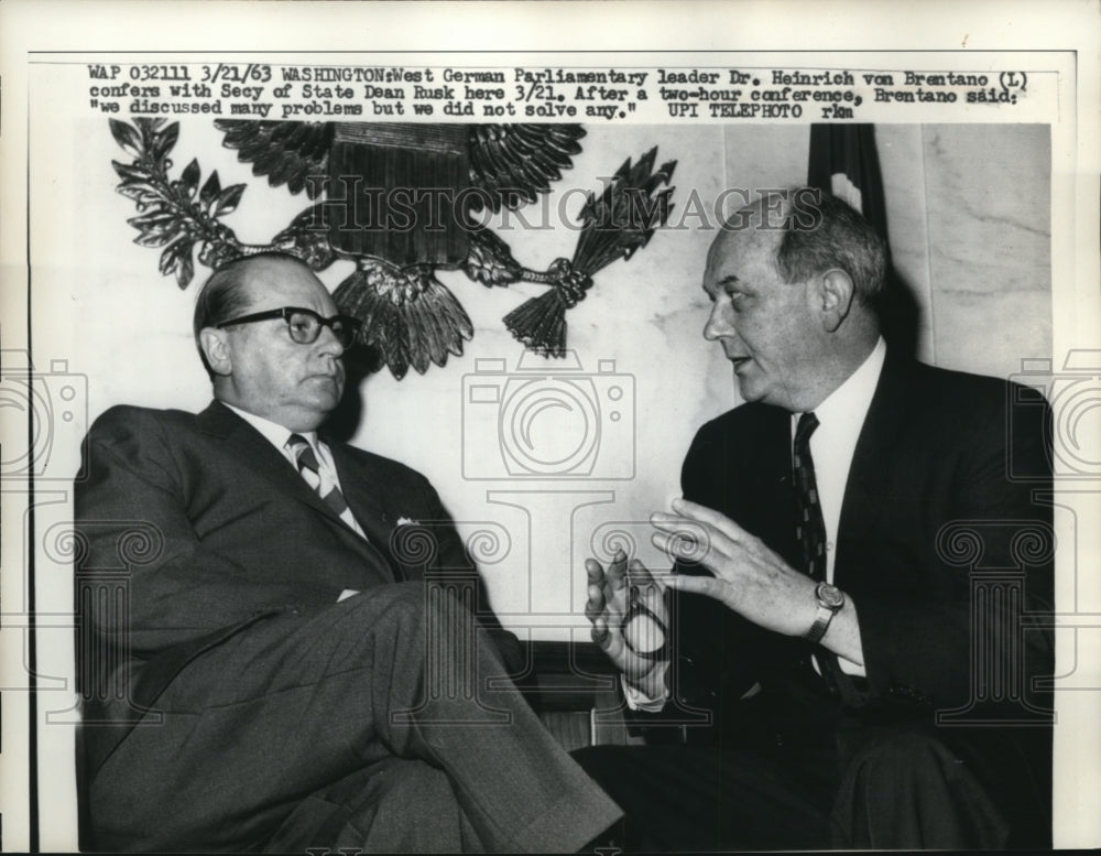 1963 Press Photo Dr Heinrich Von Brentano Secretary State Dean Rush Washington