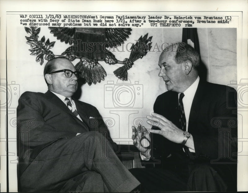 Load image into Gallery viewer, 1963 Press Photo Dr Heinrich Von Brentano Secretary State Dean Rush Washington

