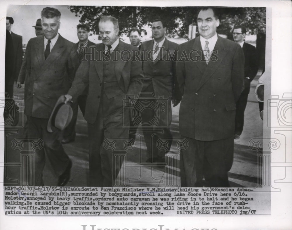 1955 Press Photo Soviet Minister V.M. Molotov, Georgi Zarubin in Chicago- Historic Images