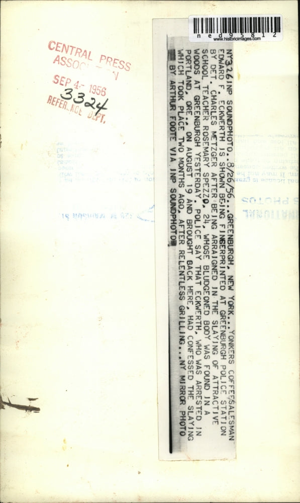 1956 Press Photo Greenburgh NY Edward Eckwerth with Det C Metzger, murder case