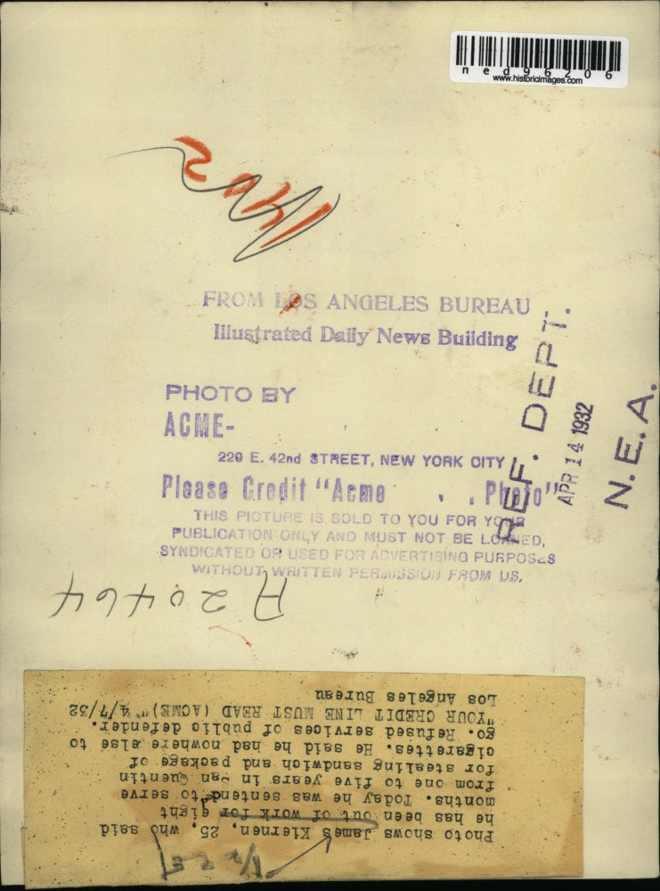 1932 Press Photo James Kiernen being sentenced to 5 years in prison for stealing