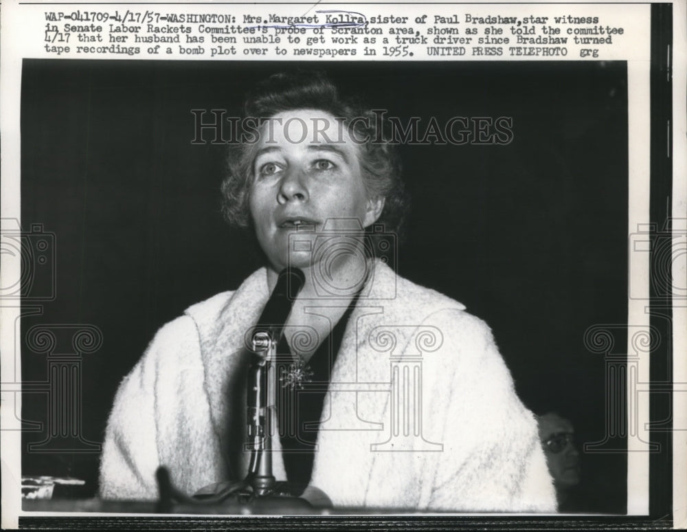 1957 Press Photo Mrs.Margaret Kollira,sister of star witness Paul Bradshaw
