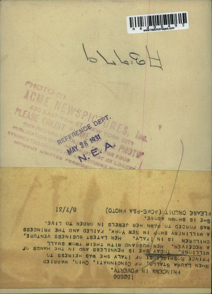 1931 Press Photo Princess Laura Stallo, Now Penniless