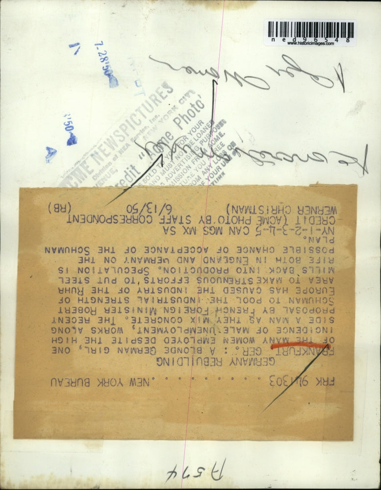 1950 Press Photo German Girl Missing Concrete