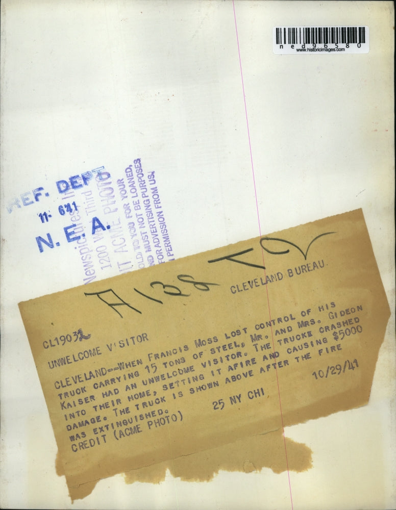 1941 Press Photo Truck Crashed into House