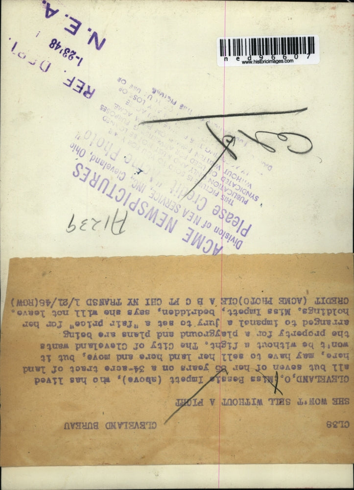 1948 Press Photo Miss Bessie Impett bedridden will not sell her 34 acre land