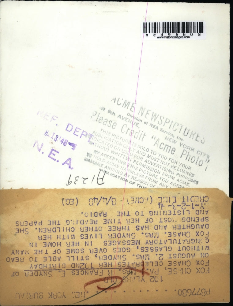 1948 Press Photo Mrs. R. Frances E. Snyder celebrates 102nd Birthday - ned96608