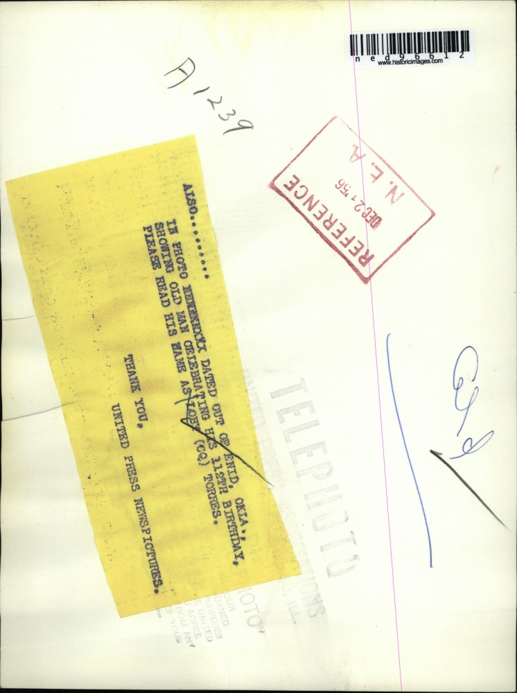 1956 Press Photo Loby Torres celebrates 112th Birthday in Oklahoma