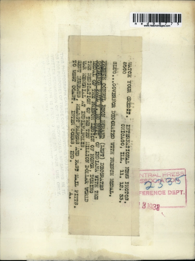 1938 Press Photo French Consul Leon McRand & Governor Paul V McNutt