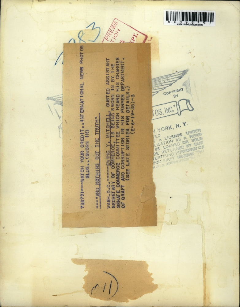 1935 Press Photo Ewing Y. Mitchell sworn in by Senate Commerce Committee