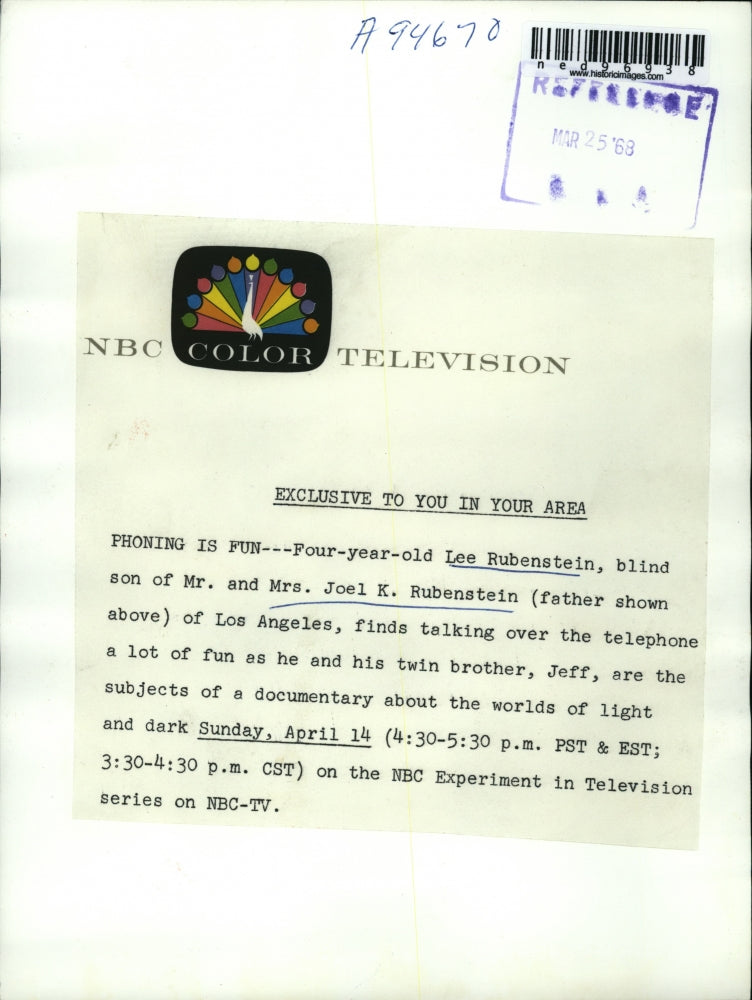 1968 Press Photo Lee Rubenstein blind son of Mr. and Mrs. Joel K. Rubenstein