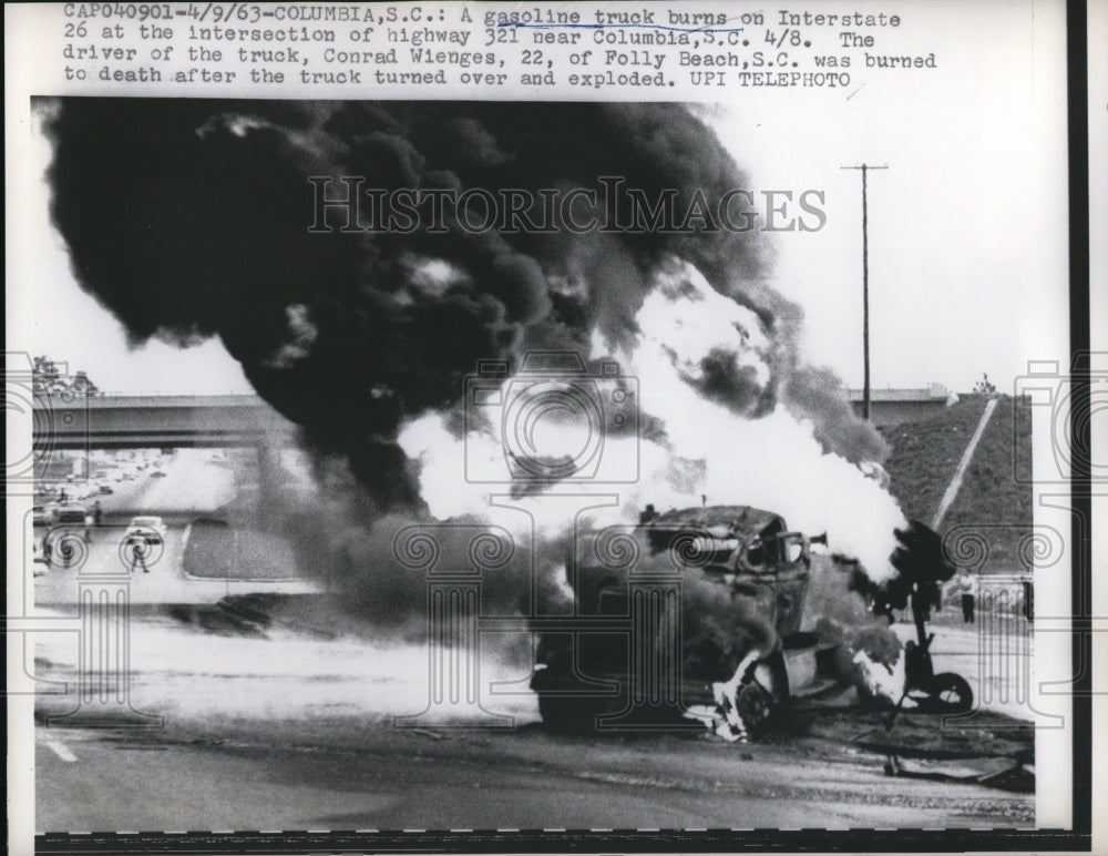 1963 Press Photo Columbia SC A gasoline tanker truck crashed & burning