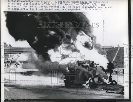 1963 Press Photo Columbia SC A gasoline tanker truck crashed & burning